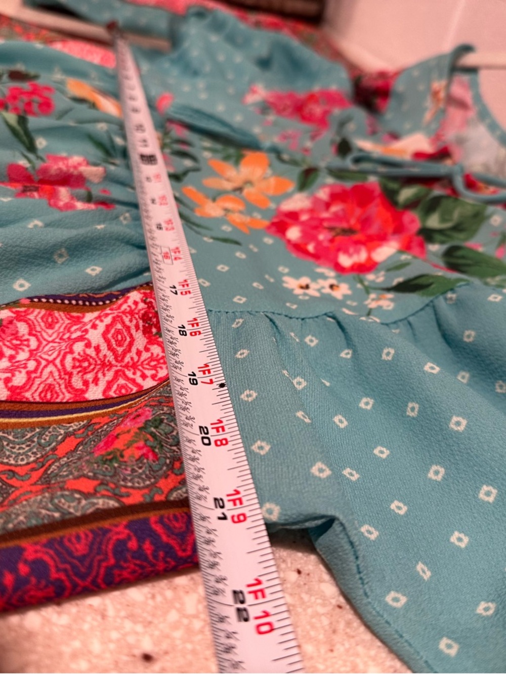 Umgee Boho Mixed Floral Print Babydoll Dress Teal Tassel Long Sleeve Ocean Large - Picture 12 of 16